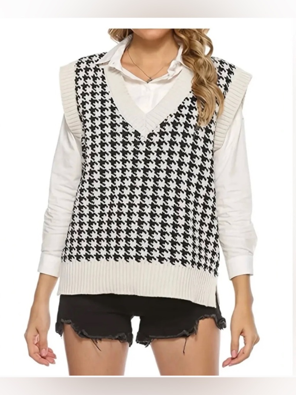 Zara Houndstooth Oversized Knit Vest
